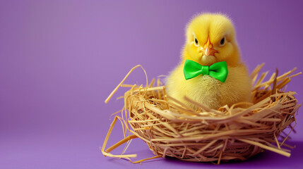 Naklejka na ściany i meble Cute chick with bow sitting in nest. Easter concept. 