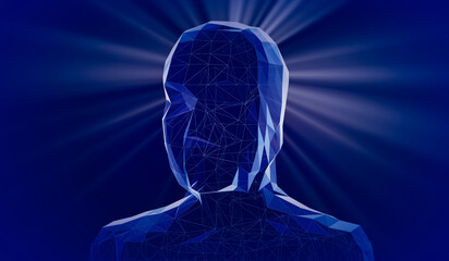 Geometrical wireframe man face and rays of light - 3D illustration