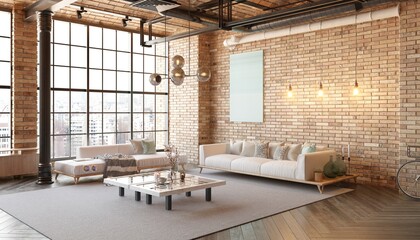 A modern loft living room with a couch, a coffee table