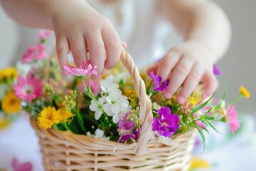 a child's hands joyfully arranging a bouquet of cheerful spring flowers in an Easter basket