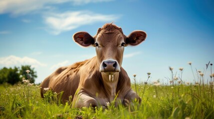 brown cow sitting on the grass against a clean blue sky background