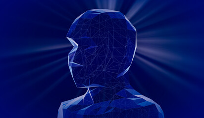 Geometrical wireframe man face and rays of light - 3D illustration