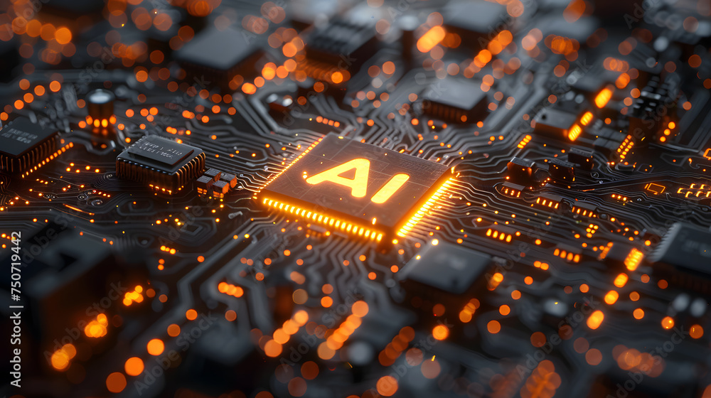 Poster a close-up of a computer circuit board reveals a complex network of electronic components like chips