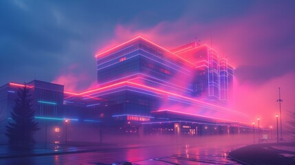 design a brutalist inspired building with a calm background. Involve neon lights corresponding to the architectural design
