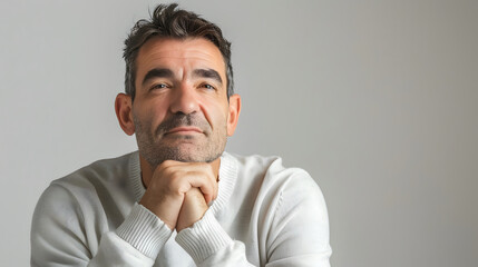 Obraz premium A close-up portrait of a thoughtful man with a thinking expression on gray background.