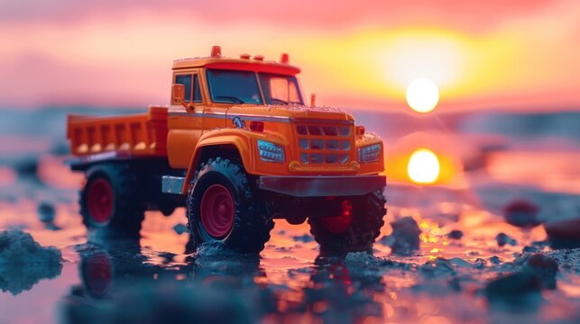 Shiny toy truck in bold colors ready for fun-filled sandbox adventures