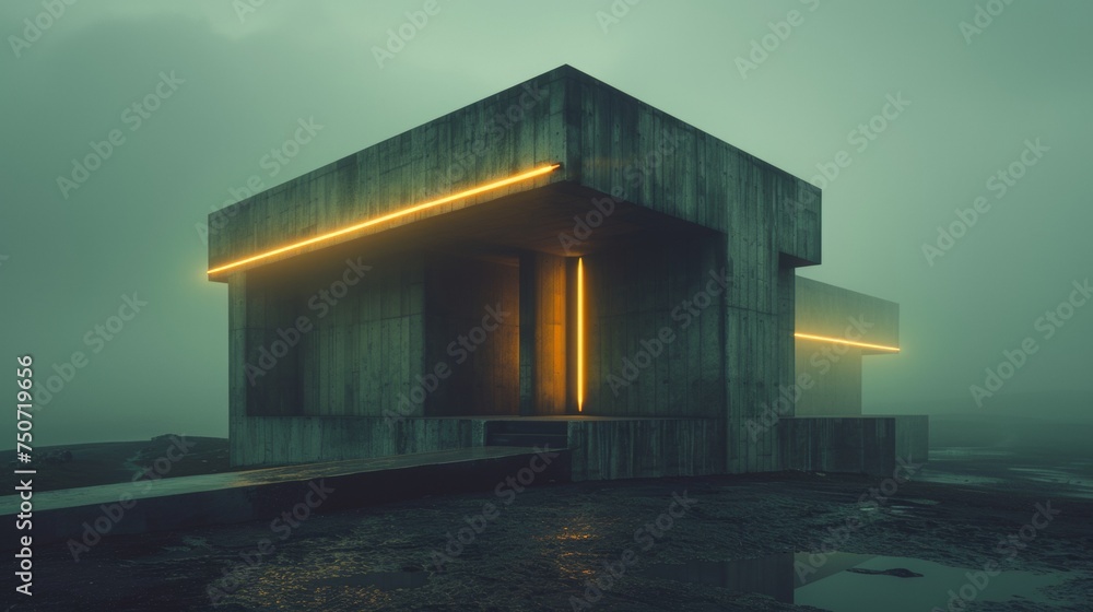 Poster design a brutalist inspired building with a calm background. involve neon lights corresponding to th