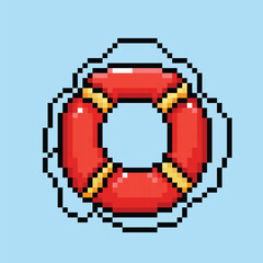 Obraz premium Red and yellow ring buoy tire float. Ban renang. Pixel art retro vintage video game bit vector illustration. Simple flat cartoon art styled drawing isolated on square background.