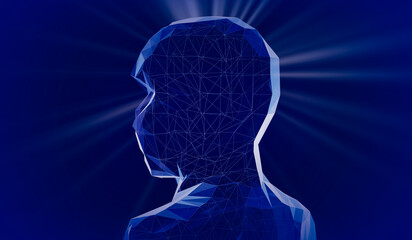 Geometrical wireframe man face and rays of light - 3D illustration