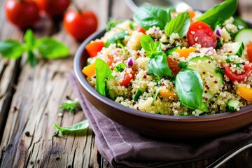 a protein-packed quinoa salad in a trendy lunchbox, placed on a rustic wooden table