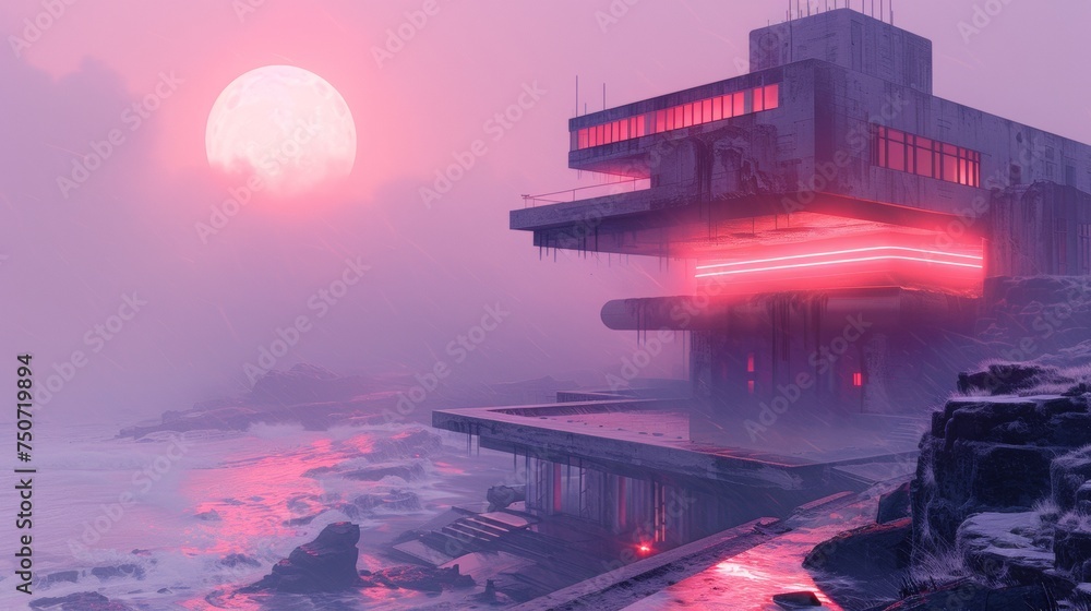 Poster design a brutalist inspired building with a calm background. involve neon lights corresponding to th