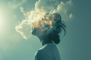 a person surrounded by floating dreams or abstract clouds