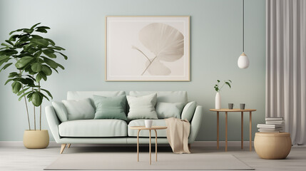 Fototapeta na wymiar Modern Minimalist Living Room with Sage Green Sofa and Naturalistic Decor Elements