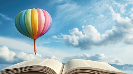 A colorful hot air balloon shaped like a pencil soaring above an open book landscape