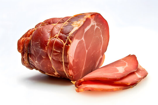 A Close-up Look at a Delicious Sliced Ham on a White Background