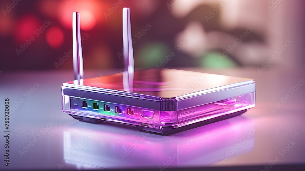 Poster secure high speed router hologram for home networks and online communication on blurred background