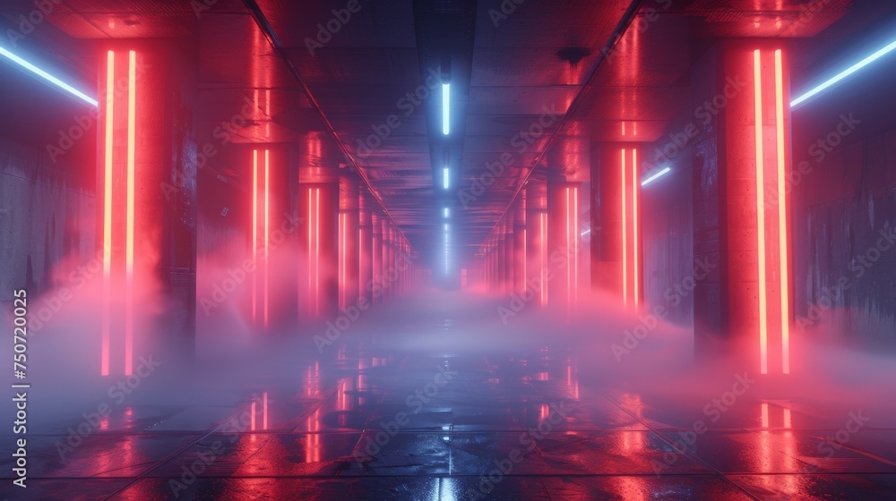 Poster design a brutalist inspired building with a calm background. involve neon lights corresponding to th
