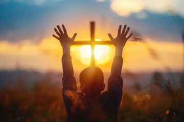 Worship God concept: human rising hands over blurred cross background 
