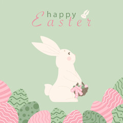 Vector postcard with Easter bunny with basket and eggs on green background. Simple print design.  Happy Easter text.
