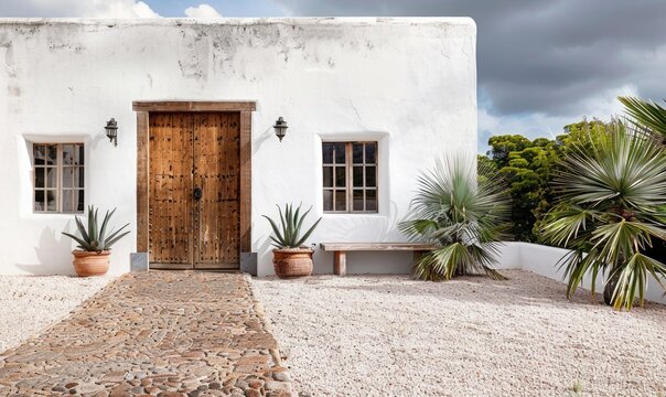 A highly detailed photograph of facade of Ibiza villa with large antique Moroccan wooden door, whitewashed walls, gravel on the floor , agave plants and palm trees, large wood framed windows