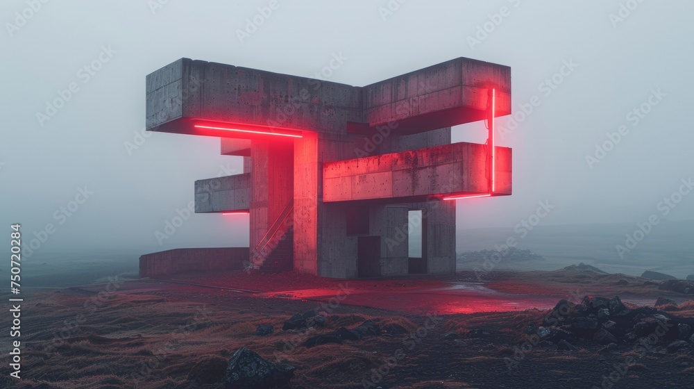 Poster design a brutalist inspired building with a calm background. involve neon lights corresponding to th