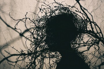 a person's silhouette intertwined with abstract vines and thorns, symbolizing the entanglement and discomfort associated with anxiety
