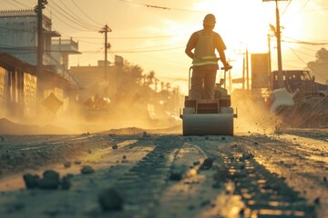 Engineers and worker are working on road construction. engineer holding radio communication at road construction site with roller compactor working dust road on during sunset. - obrazy, fototapety, plakaty