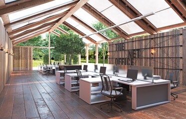 A large open office space with wooden floors