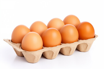 Brown chicken beautiful eggs on white background packaged