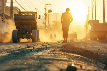 Engineers and worker are working on road construction. engineer holding radio communication at road construction site with roller compactor working dust road on during sunset. - obrazy, fototapety, plakaty