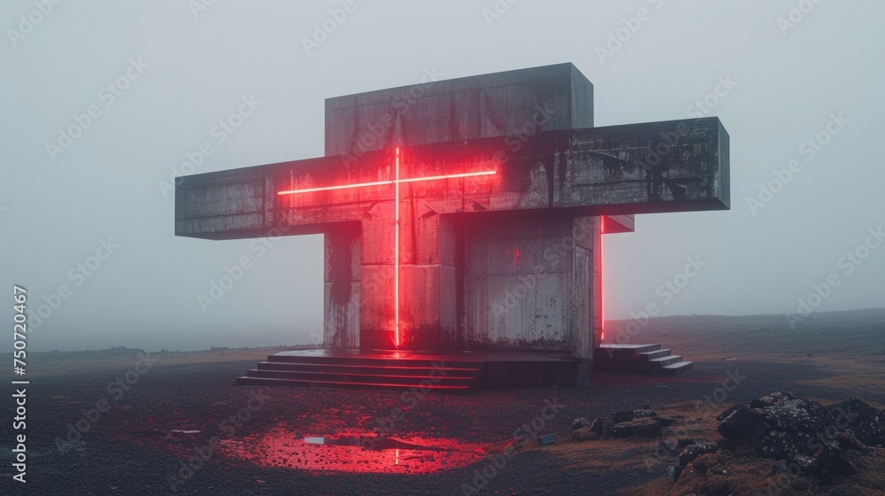 Poster design a brutalist inspired building with a calm background. involve neon lights corresponding to th