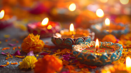 Traditional Diwali Clay Lamps Amidst Floral Decorations - obrazy, fototapety, plakaty