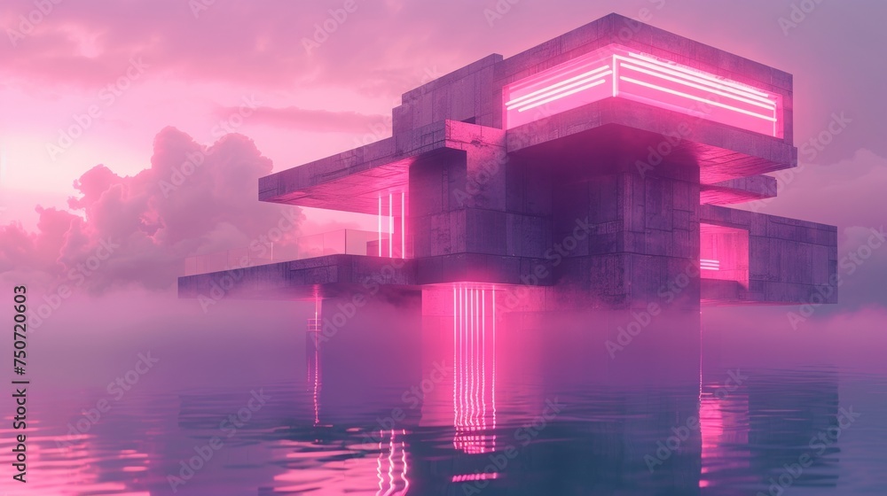 Poster design a brutalist inspired building with a calm background. involve neon lights corresponding to th