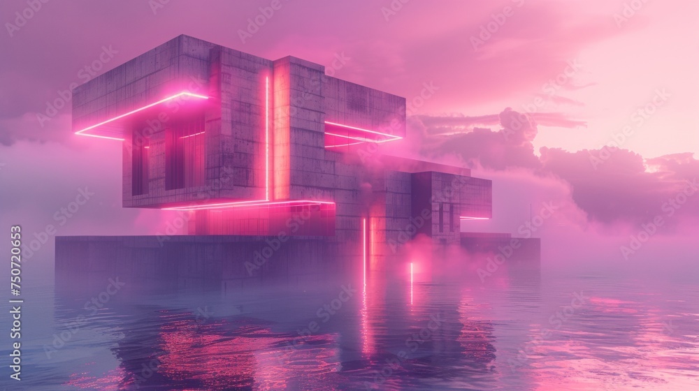 Poster design a brutalist inspired building with a calm background. involve neon lights corresponding to th