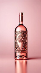 Bouteille d'alcool rosé avec ornements argentés en relief dans un style minimaliste et photoréaliste  - obrazy, fototapety, plakaty