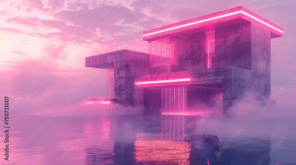 Poster design a brutalist inspired building with a calm background. involve neon lights corresponding to th