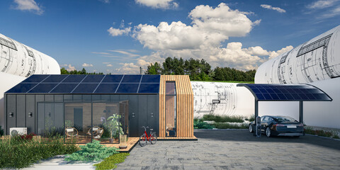 Planning of Energy supply at a family house with a solar carport (summer landscape in background) - 3D visualization