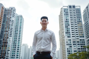 a portrait of success business man standing against on cityscape and building