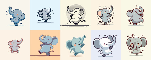 Illustration of a set of dancing elephants in a cartoon flat style