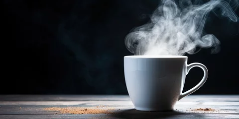 Deurstickers A mystic ambiance as steam rises from a white mug against a dark background with soft lighting © Влада Яковенко