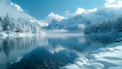 beautiful snowy mountain landscape, winter scenery with blue sky