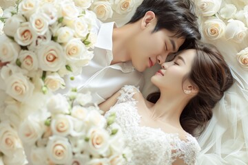 a couple surrounded by white roses and soft