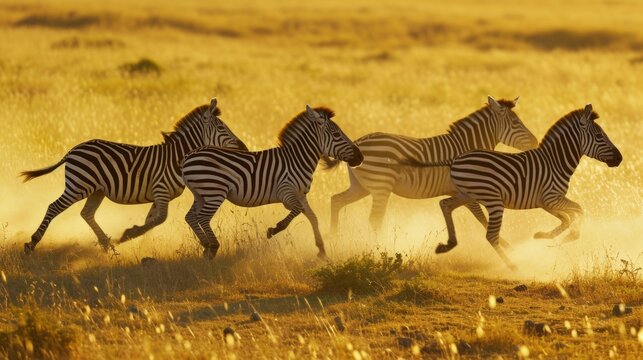 Group of zebras running on the dry savanna in the afternoon