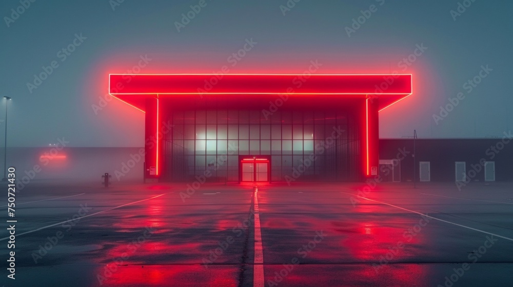 Poster design a brutalist inspired building with a calm background. involve neon lights corresponding to th