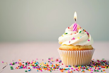 A cupcake topped with colorful sprinkles and a birthday candle