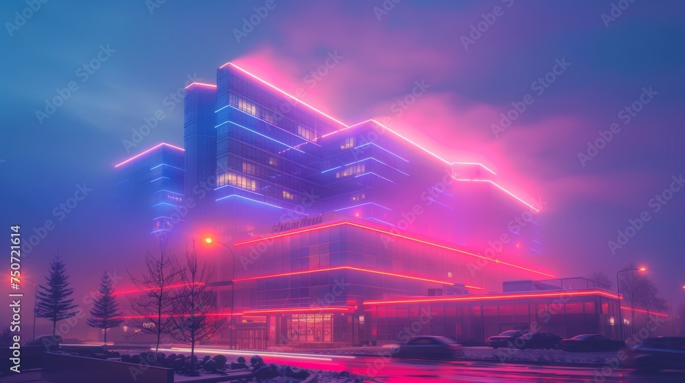 Poster design a brutalist inspired building with a calm background. involve neon lights corresponding to th