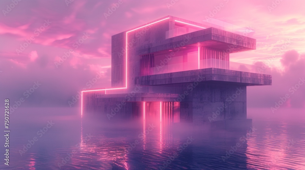 Poster design a brutalist inspired building with a calm background. involve neon lights corresponding to th