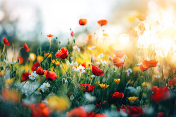 Beautiful meadow with red poppy flowers in the sunlight