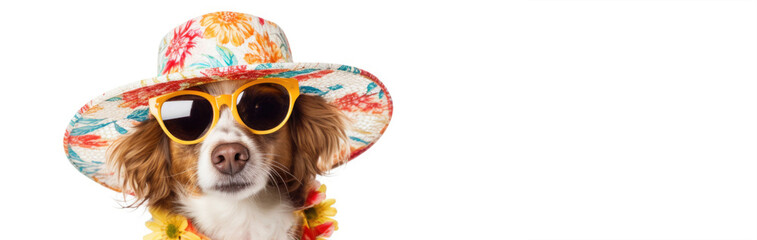 Dog with holiday vacation vibes and cocktail, dressed in straw hat, sunglasses - 750721800