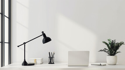 
Minimalist workspace: sleek, modern desk, laptop, stylish lamp, notebook. Soft natural light fills room, ample empty white wall space for branding or text. - obrazy, fototapety, plakaty